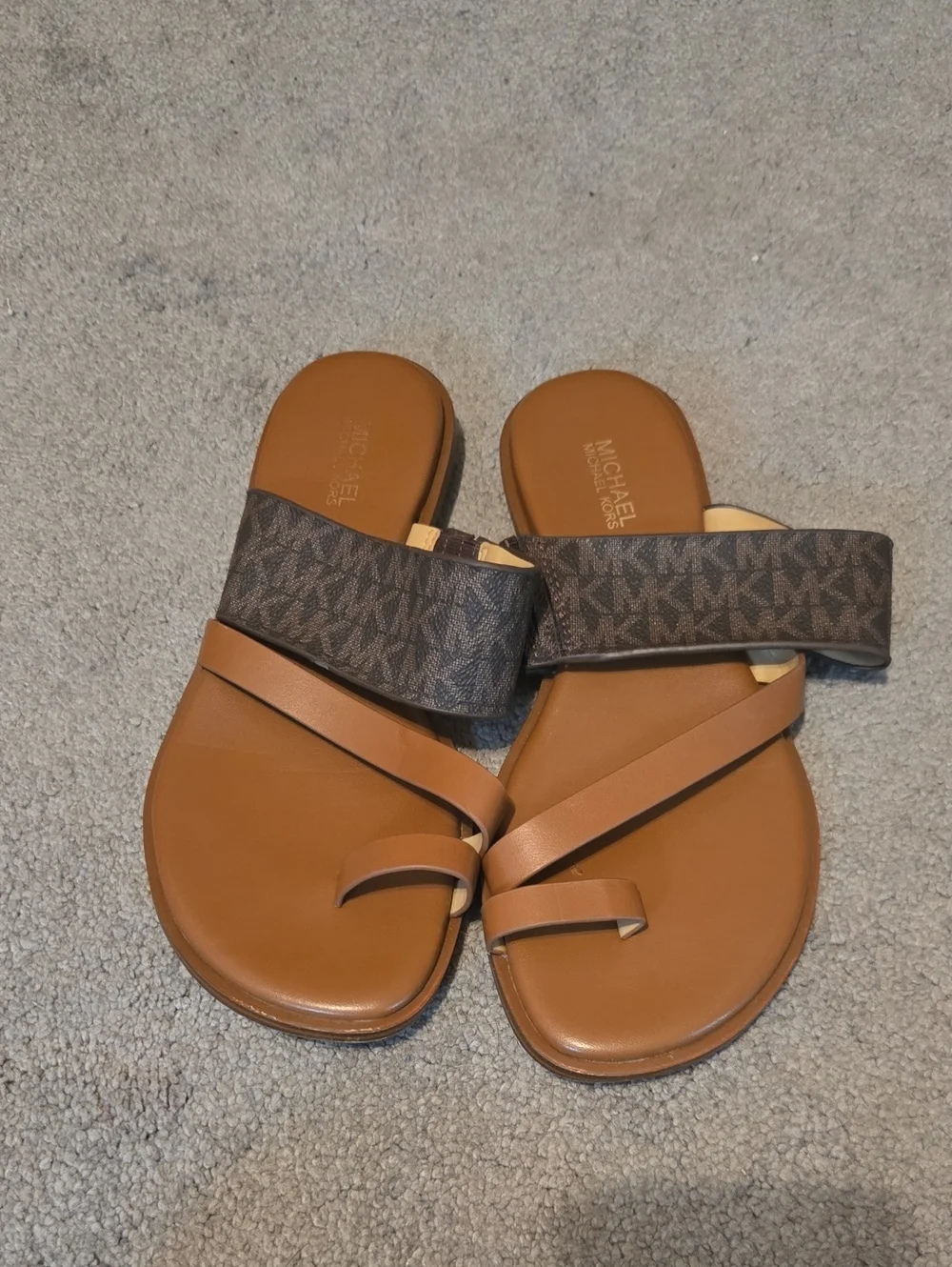 Michael Kors Brown Tan MK Logo Slide Sandals